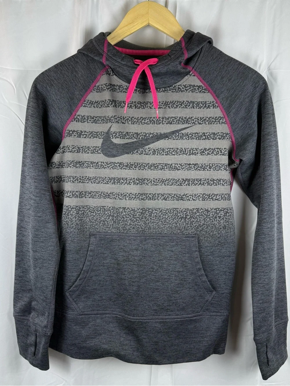Nike Therma-FIT Gray Pink Pullover Hoodie XS Striped Swoosh Fleece